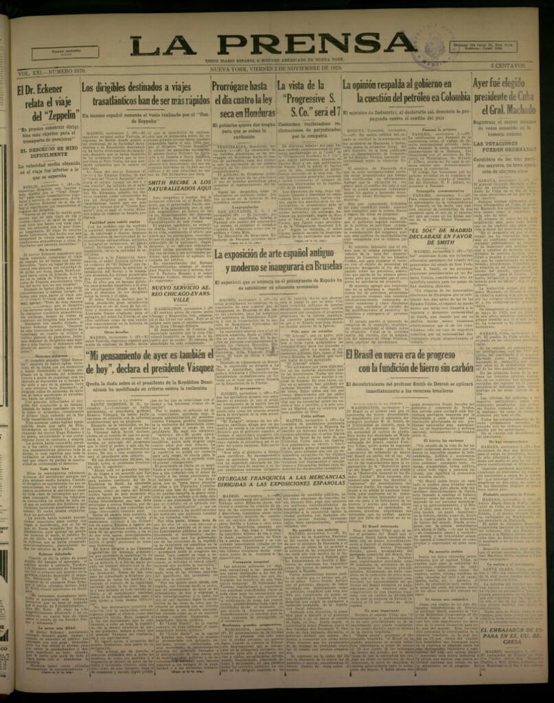 Miniatura de La Prensa: único diario español e hispano americano en Nueva York, del 2 de noviembre de 1928, nº 3370