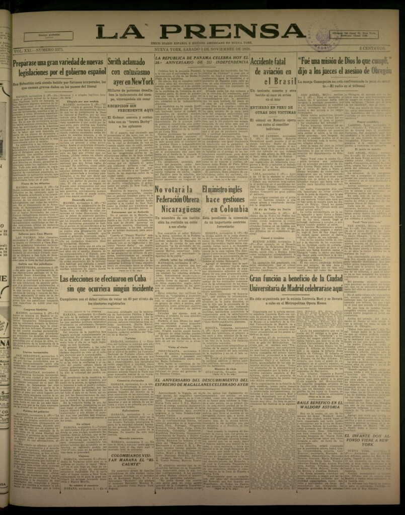 Miniatura de La Prensa: único diario español e hispano americano en Nueva York, del 3 de noviembre de 1928, nº 3371