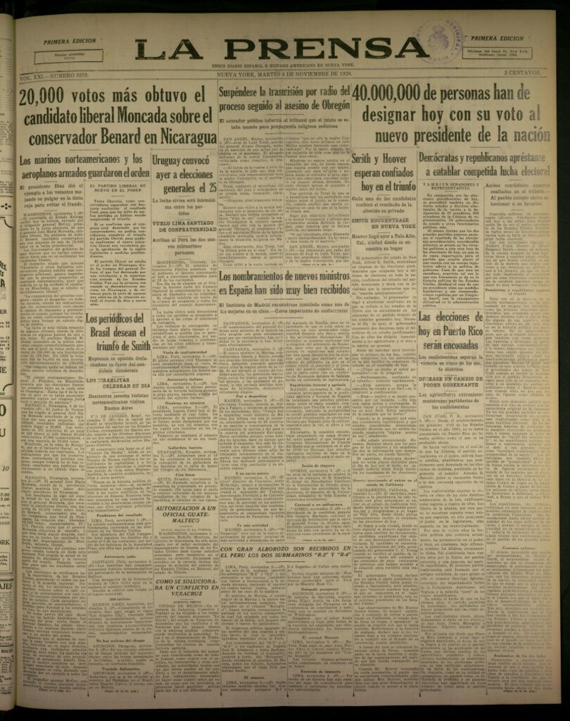 Miniatura de La Prensa: único diario español e hispano americano en Nueva York, del 6 de noviembre de 1928, nº 3373