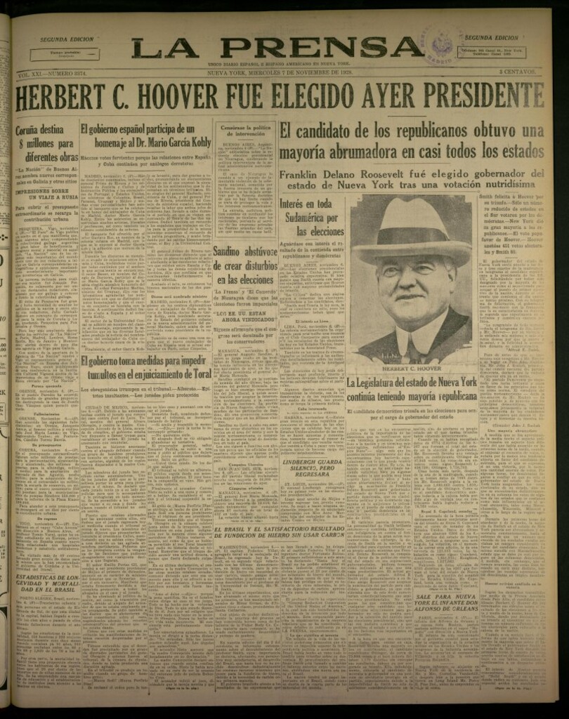 Miniatura de La Prensa: único diario español e hispano americano en Nueva York, del 7 de noviembre de 1928, nº 3374