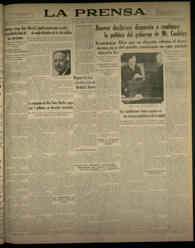 Miniatura de La Prensa: único diario español e hispano americano en Nueva York, del 8 de noviembre de 1928, nº 3375