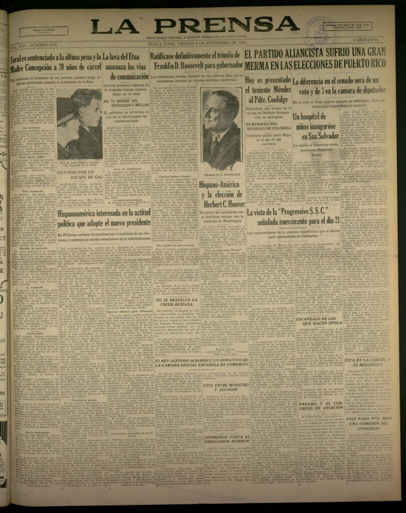 Miniatura de La Prensa: único diario español e hispano americano en Nueva York del 9 de noviembre de 1928, nº 3376