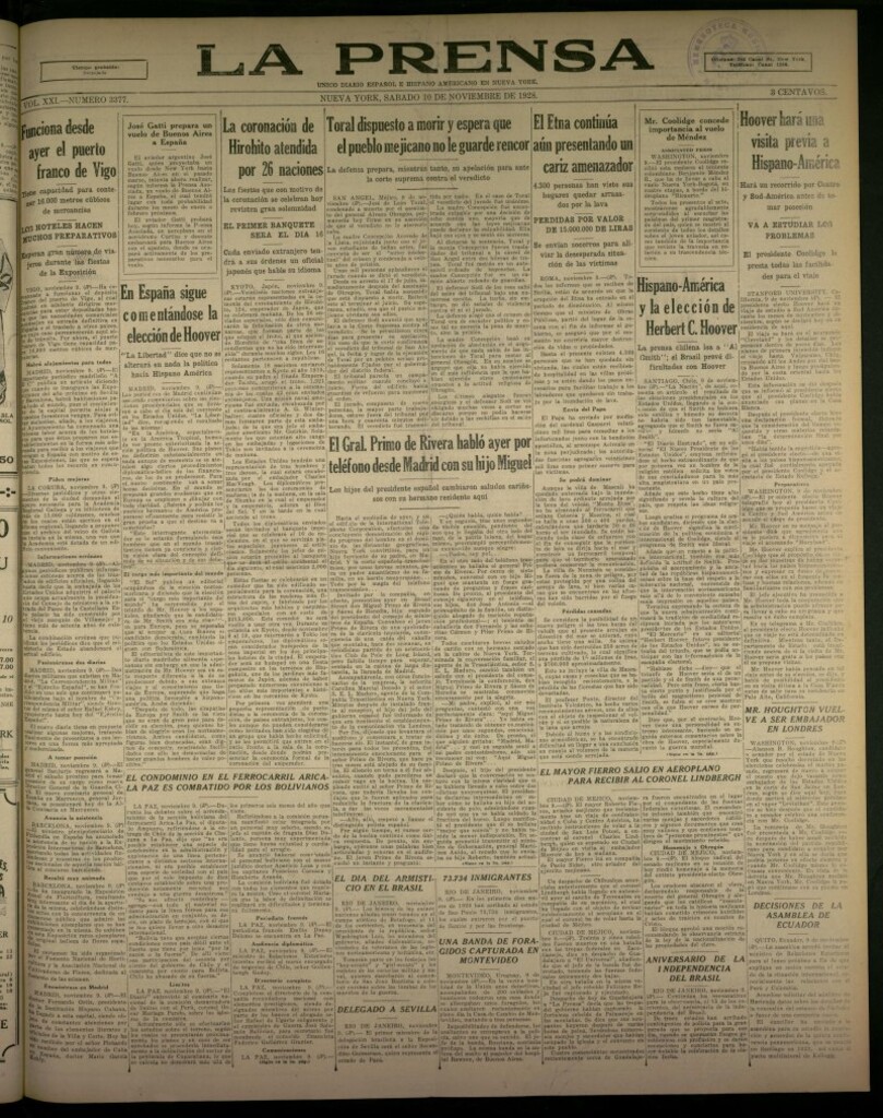 Miniatura de La Prensa: único diario español e hispano americano en Nueva York, del 10 de noviembre de 1928, nº 3377