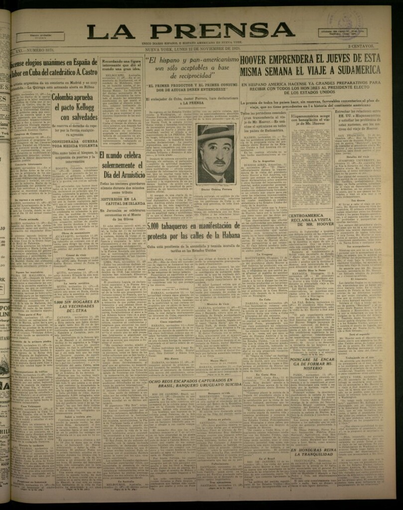 Miniatura de La Prensa: único diario español e hispano americano en Nueva York, del 12 de noviembre de 1928, nº 3378