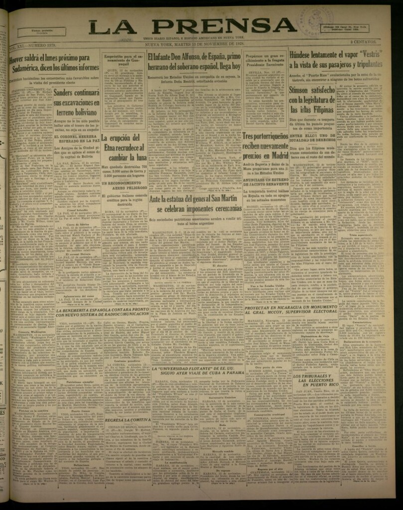 Miniatura de La Prensa: único diario español e hispano americano en Nueva York, del 13 de noviembre de 1928, nº 3379