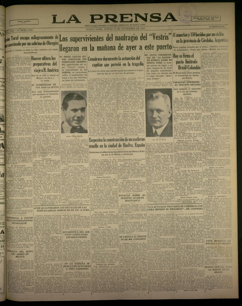 Miniatura de La Prensa: único diario español e hispano americano en Nueva York, del 15 de noviembre de 1928, nº 3381