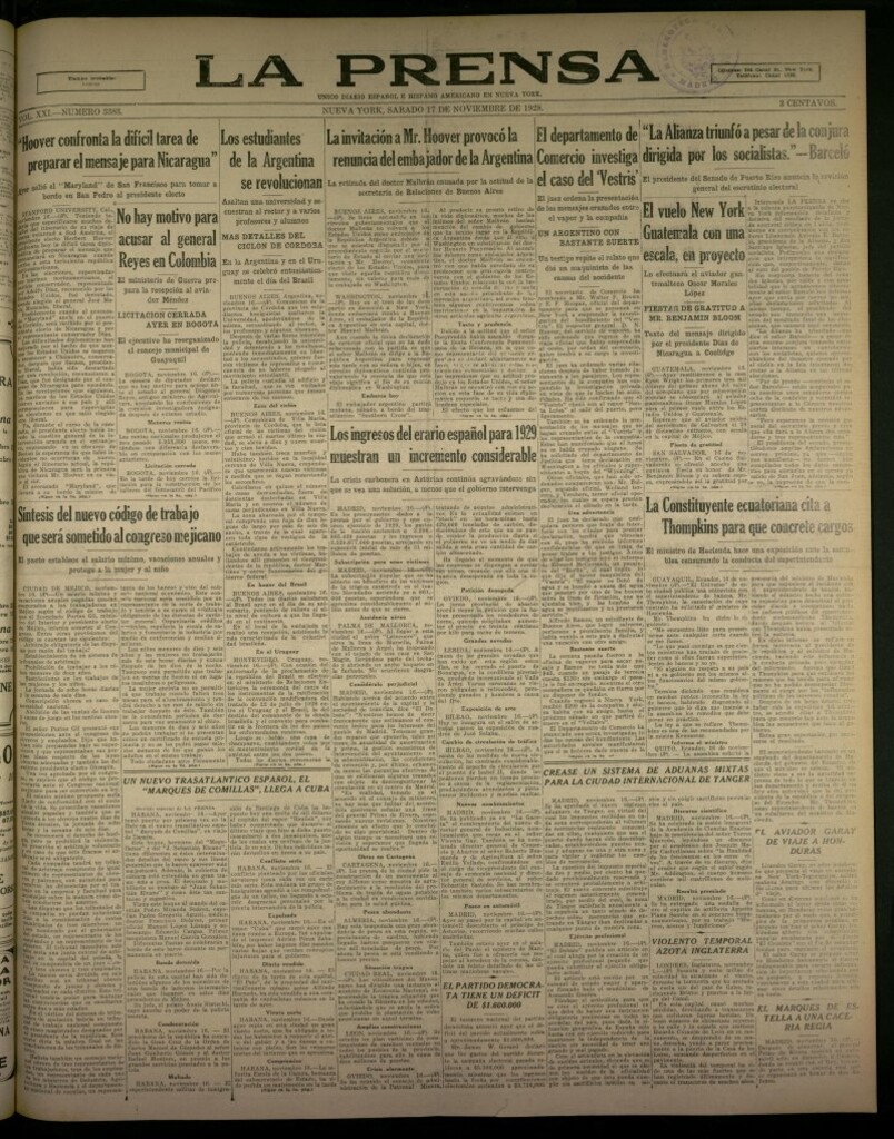 Miniatura de La Prensa: único diario español e hispano americano en Nueva York, del 17 de noviembre de 1928, nº 3383