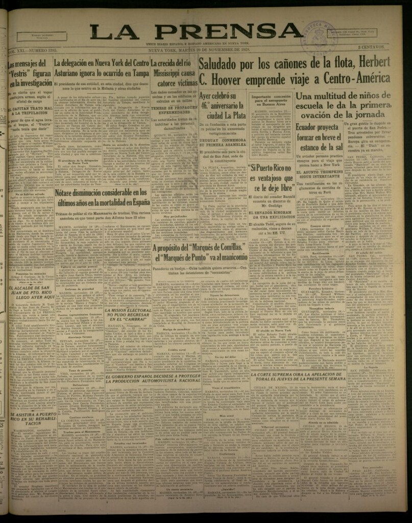 Miniatura de La Prensa: único diario español e hispano americano en Nueva York, del 20 de noviembre de 1928, nº 3385