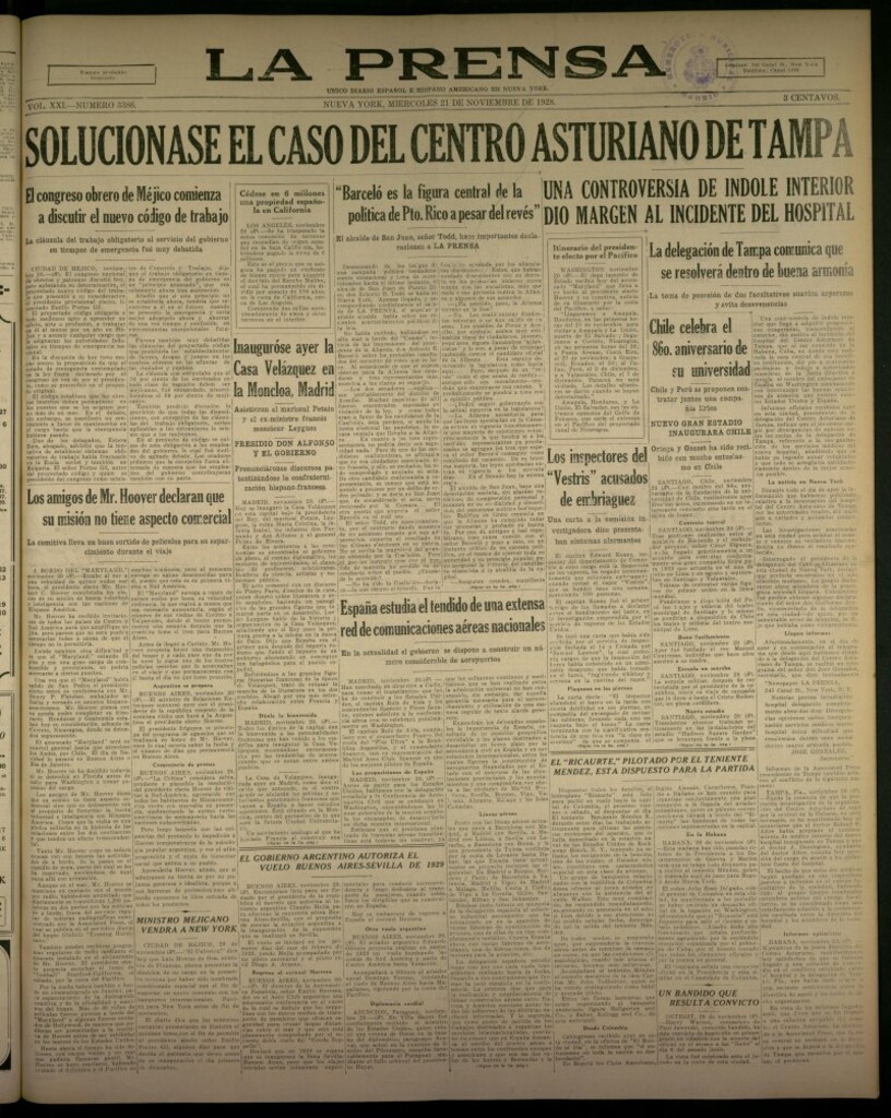 Miniatura de La Prensa: único diario español e hispano americano en Nueva York, del 21 de noviembre de 1928, nº 3386