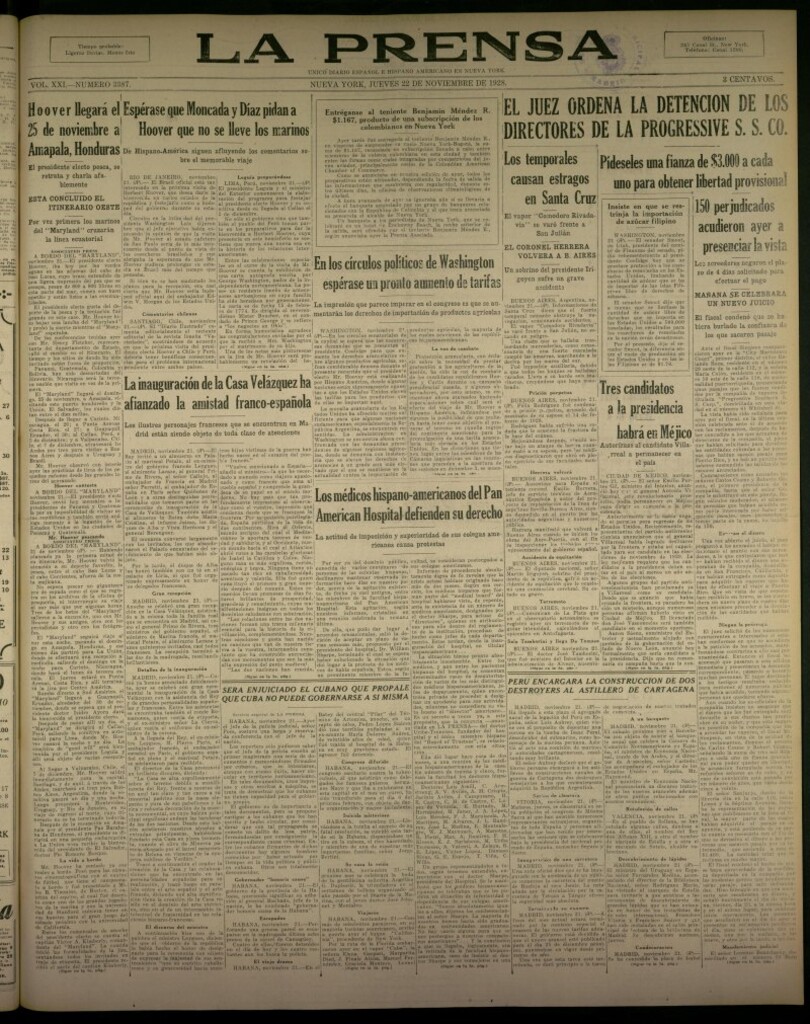 Miniatura de La Prensa: único diario español e hispano americano en Nueva York, del 22 de noviembre de 1928, nº 3387