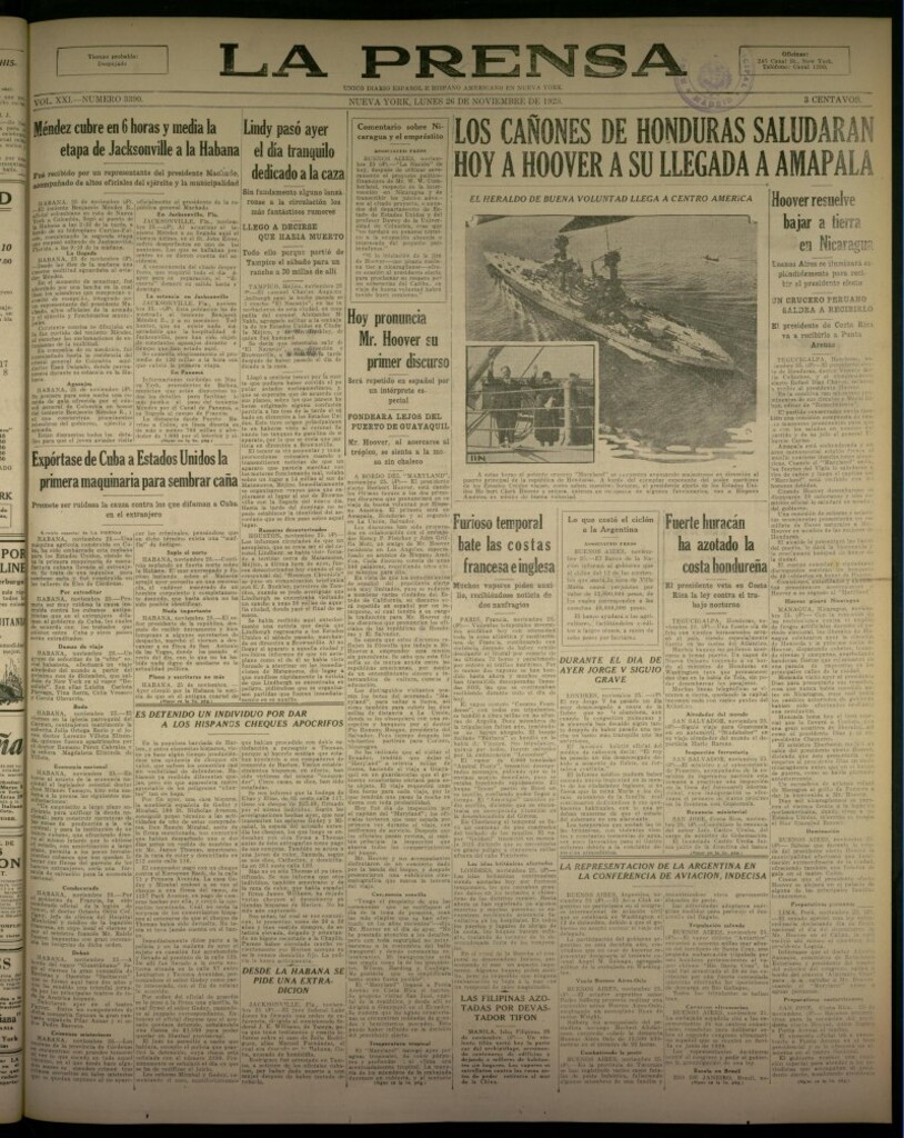 Miniatura de La Prensa: único diario español e hispano americano en Nueva York, del 26 de noviembre de 1928, nº 3390