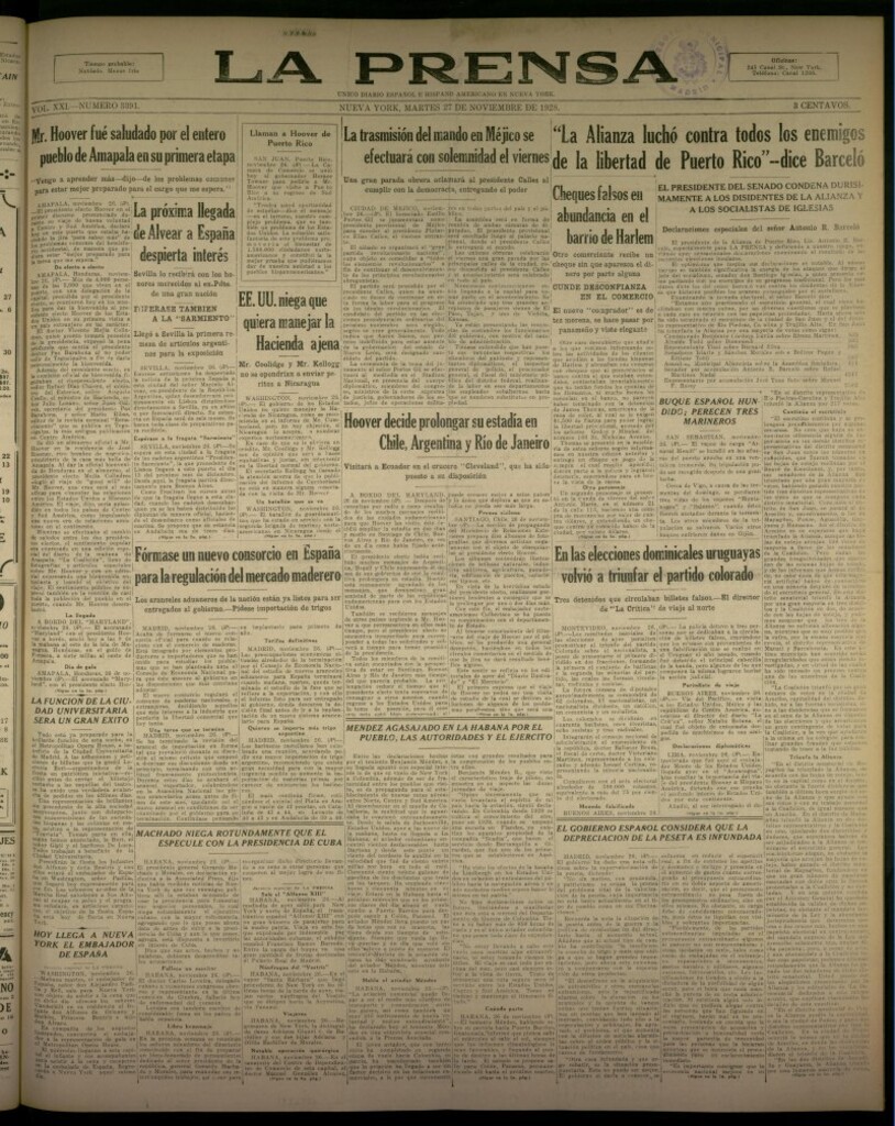 Miniatura de La Prensa: único diario español e hispano americano en Nueva York, del 27 de noviembre de 1928, nº 3391