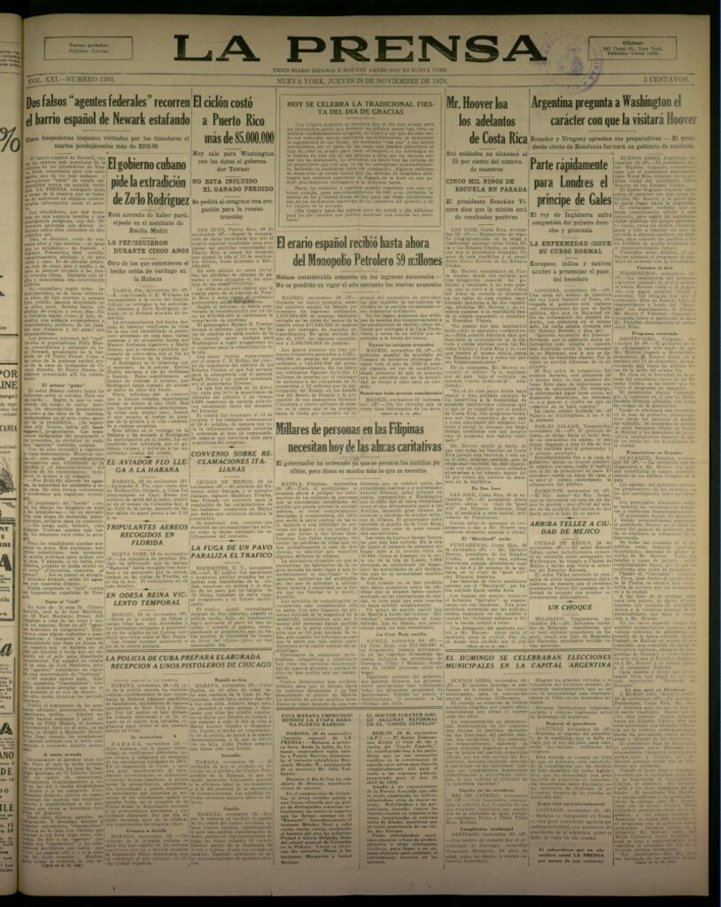 Miniatura de La Prensa: único diario español e hispano americano en Nueva York, del 29 de noviembre de 1928, nº 3393