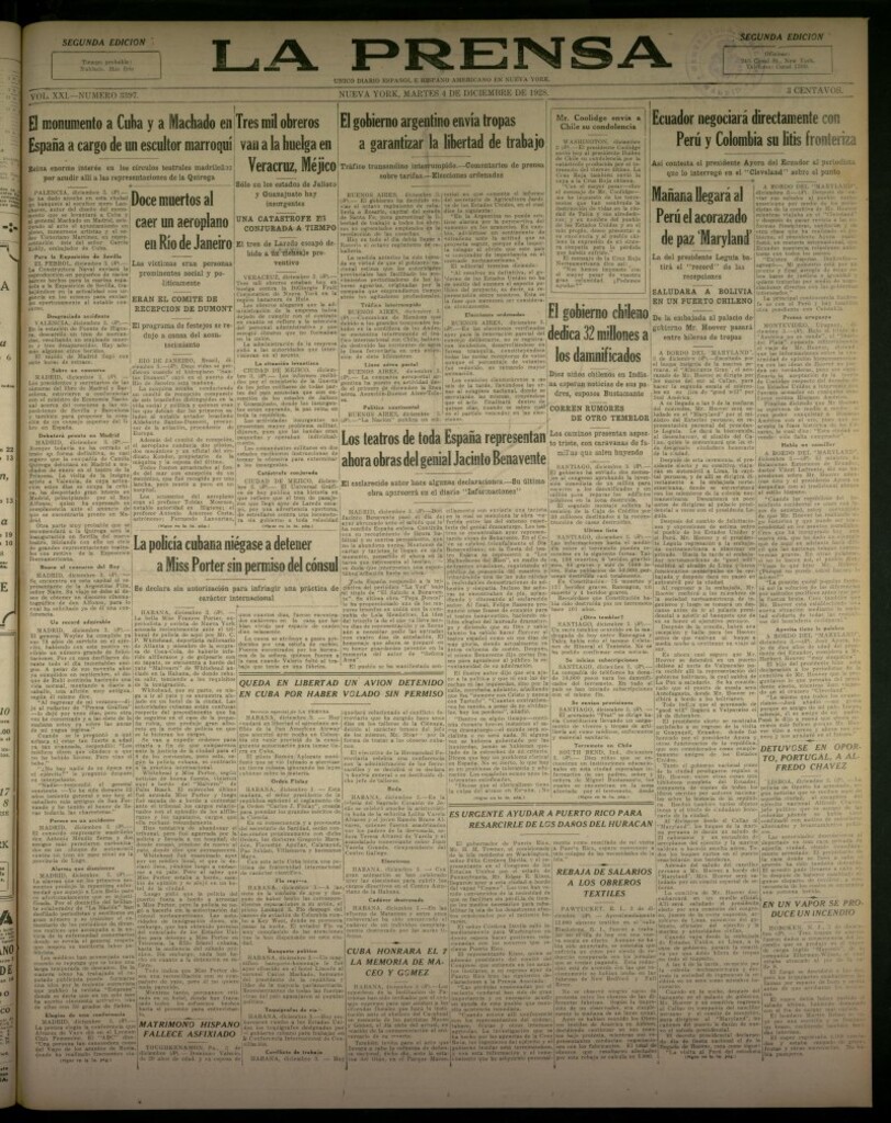 Miniatura de La Prensa: único diario español e hispano americano en Nueva York, del 4 de diciembre de 1928, nº 3397