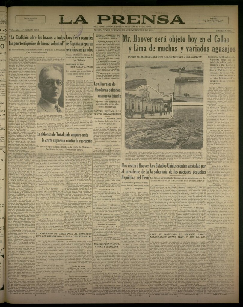 Miniatura de La Prensa: único diario español e hispano americano en Nueva York, del 5 de diciembre de 1928, nº 3398