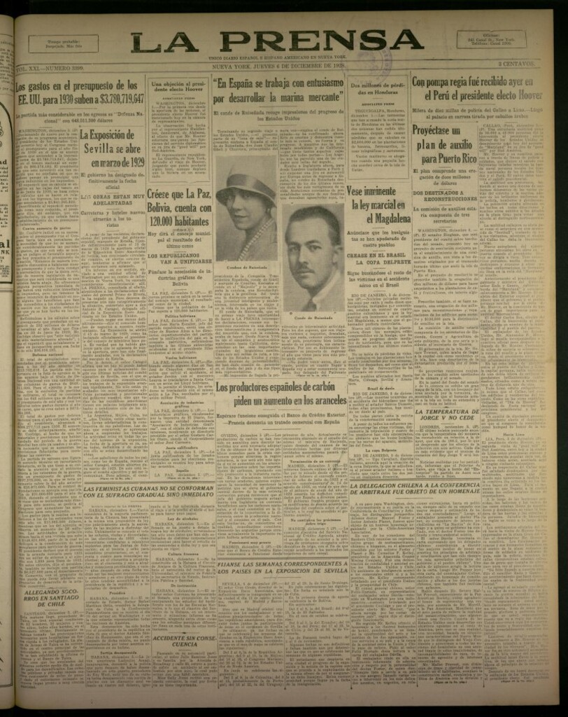 Miniatura de La Prensa: único diario español e hispano americano en Nueva York, del 6 de diciembre de 1928, nº 3399