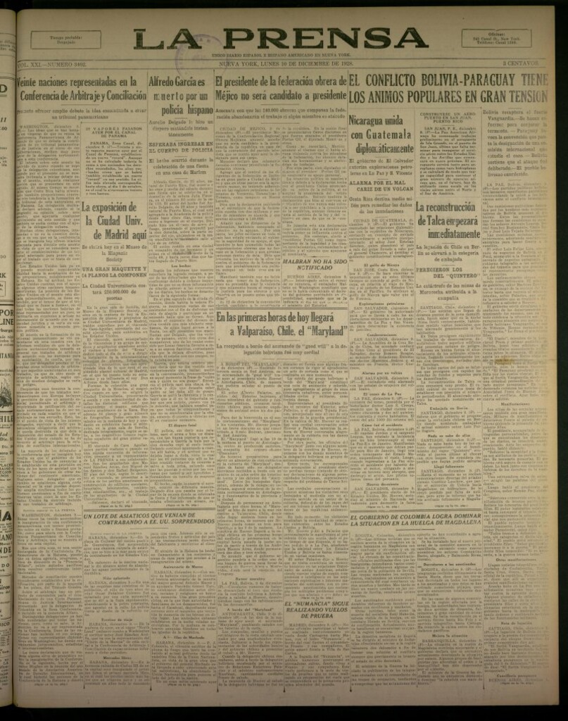 Miniatura de La Prensa: único diario español e hispano americano en Nueva York, del 10 de diciembre de 1928, nº 3402