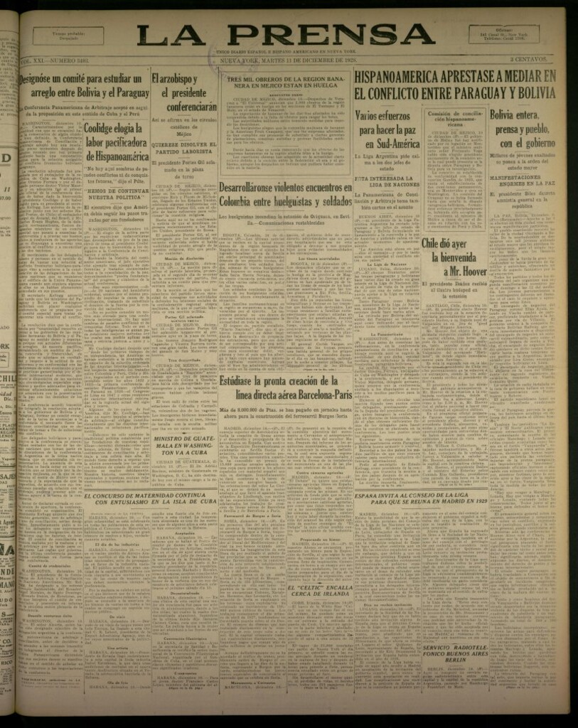 Miniatura de La Prensa: único diario español e hispano americano en Nueva York, del 11 de diciembre de 1928, nº 3403