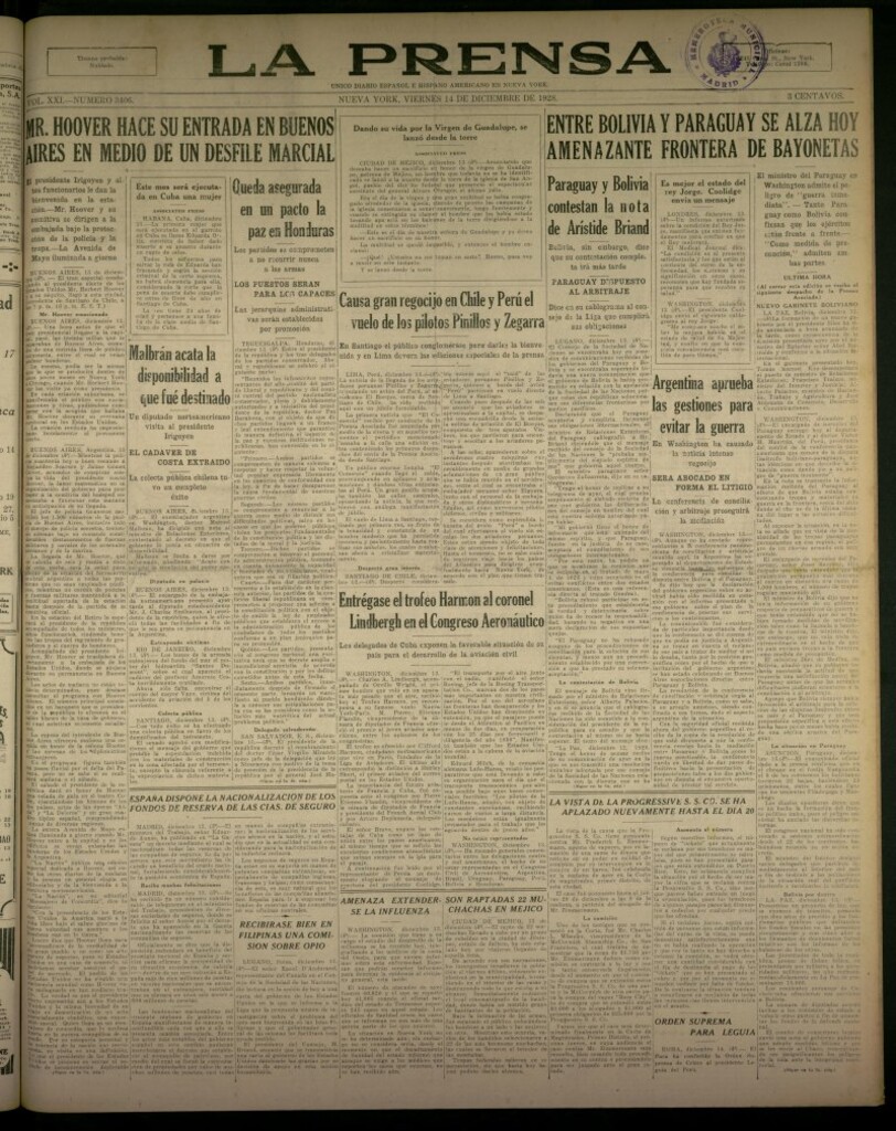 Miniatura de La Prensa: único diario español e hispano americano en Nueva York, del 14 de diciembre de 1928, nº 3406