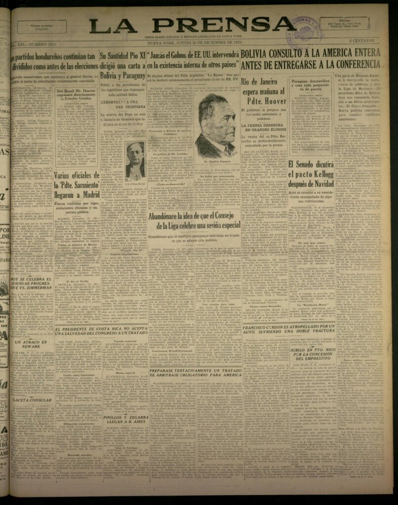 Miniatura de La Prensa: único diario español e hispano americano en Nueva York, del 20 de diciembre de 1928, nº 3411