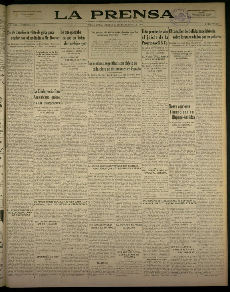Miniatura de La Prensa: único diario español e hispano americano en Nueva York, del 21 de diciembre de 1928, nº 3412