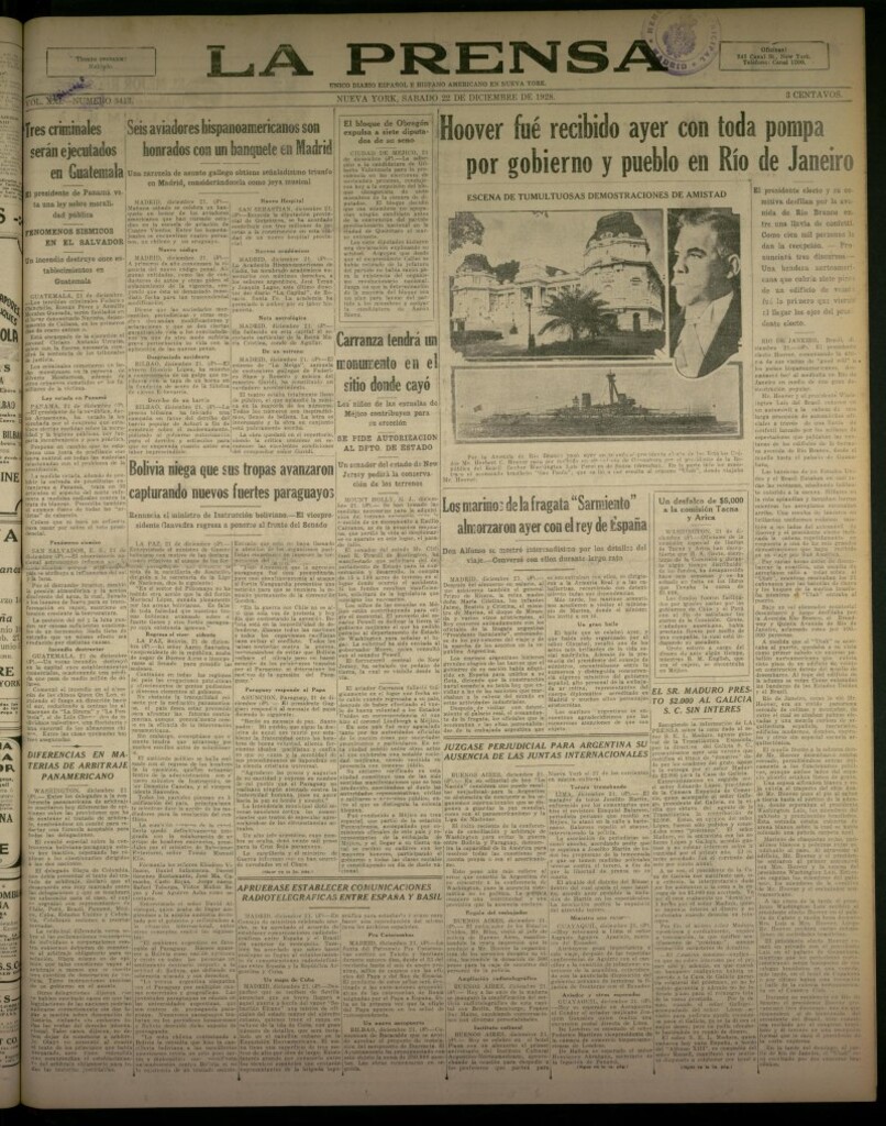 Miniatura de La Prensa: único diario español e hispano americano en Nueva York, del 22 de diciembre de 1928, nº 3413