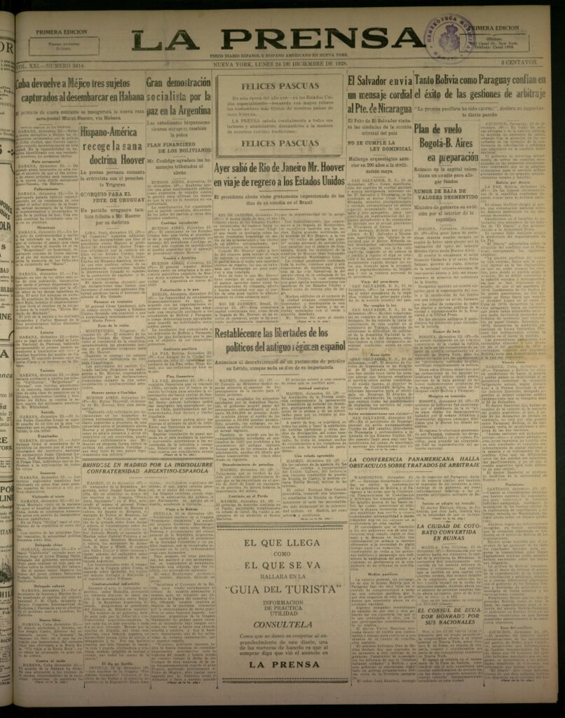 Miniatura de La Prensa: único diario español e hispano americano en Nueva York, del 24 de diciembre de 1928, nº 3414