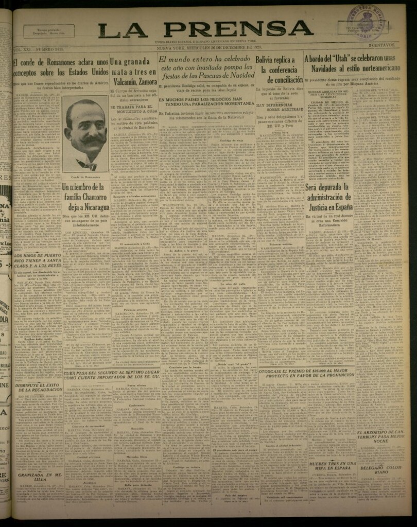 Miniatura de La Prensa: único diario español e hispano americano en Nueva York, del 26 de diciembre de 1928, nº 3415