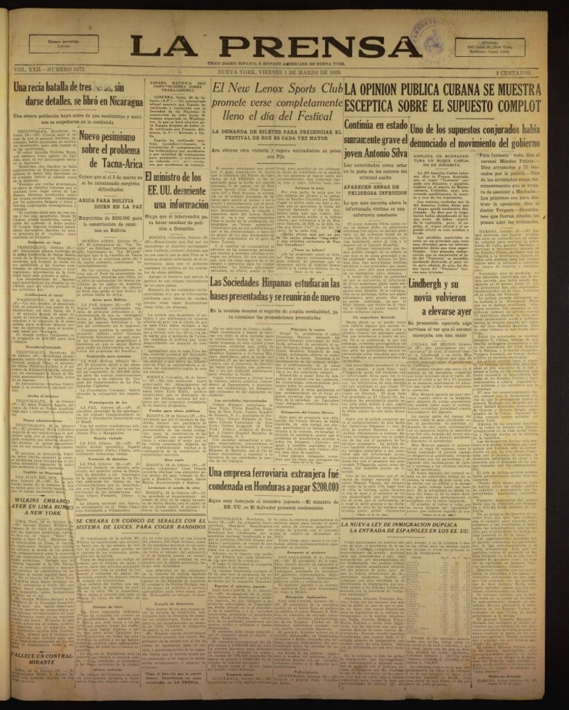 Miniatura de La Prensa: único diario español e hispano americano en Nueva York del 1 de marzo de 1929, nº 3472