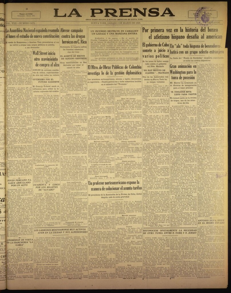 Miniatura de La Prensa: único diario español e hispano americano en Nueva York del 2 de marzo de 1929, nº 3473