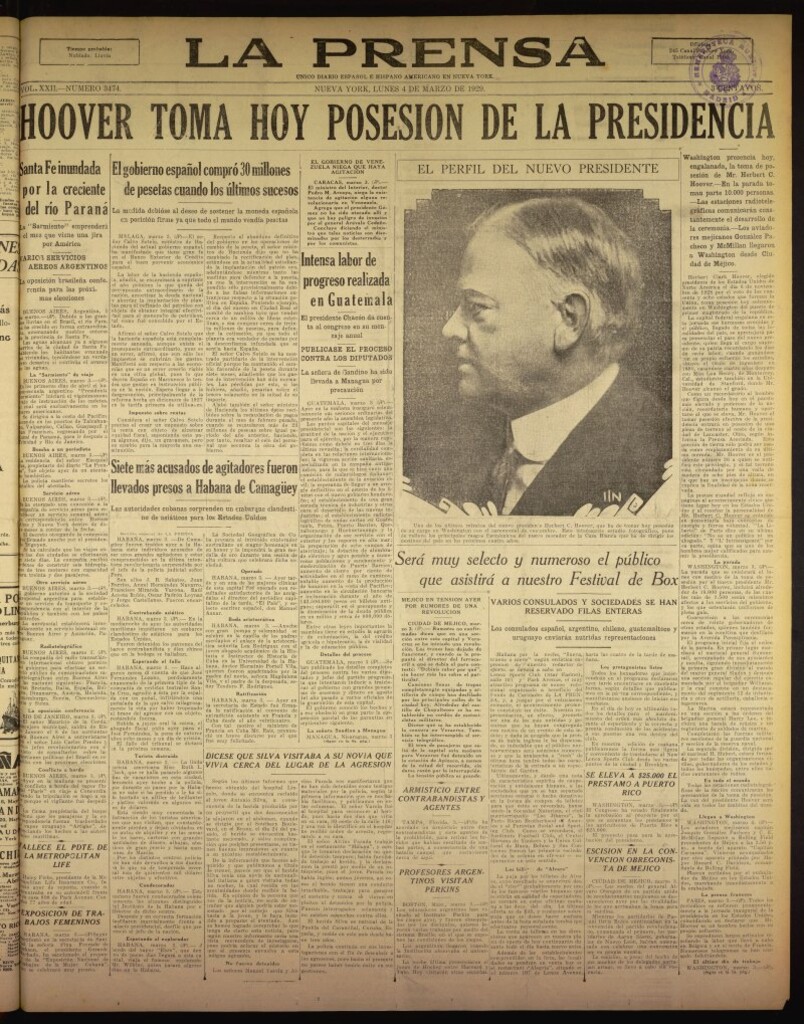 Miniatura de La Prensa: único diario español e hispano americano en Nueva York del 4 de marzo de 1929, nº 3474