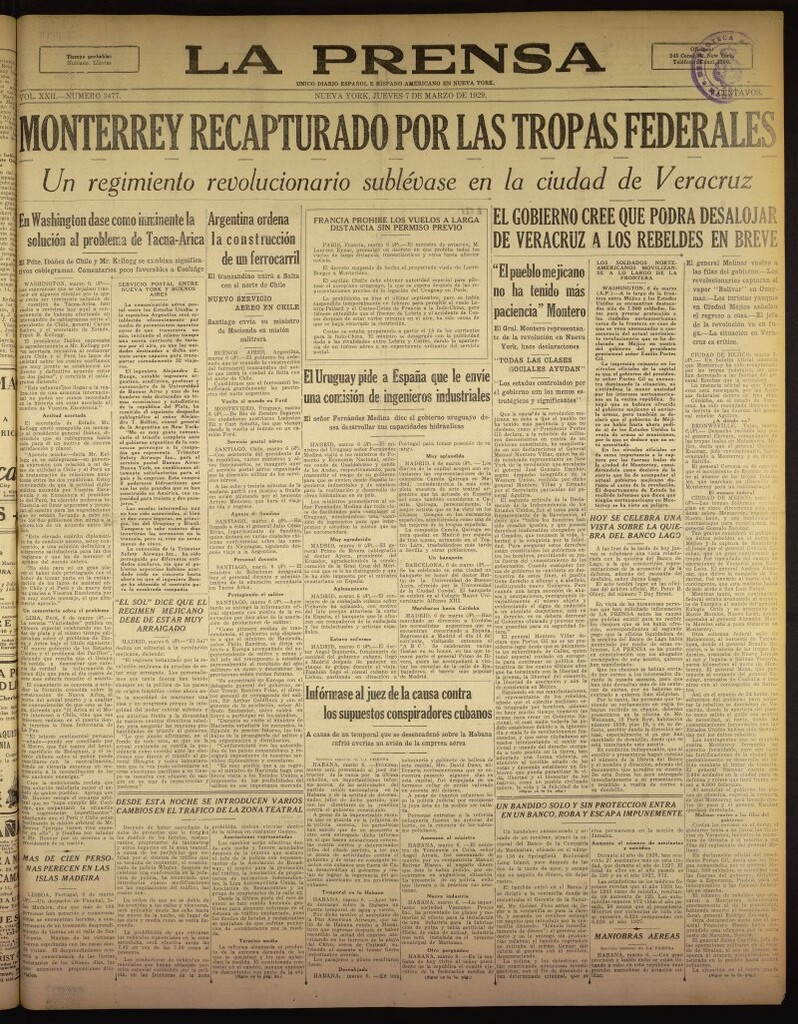 Miniatura de La Prensa: único diario español e hispano americano en Nueva York del 7 de marzo de 1929, nº 3477