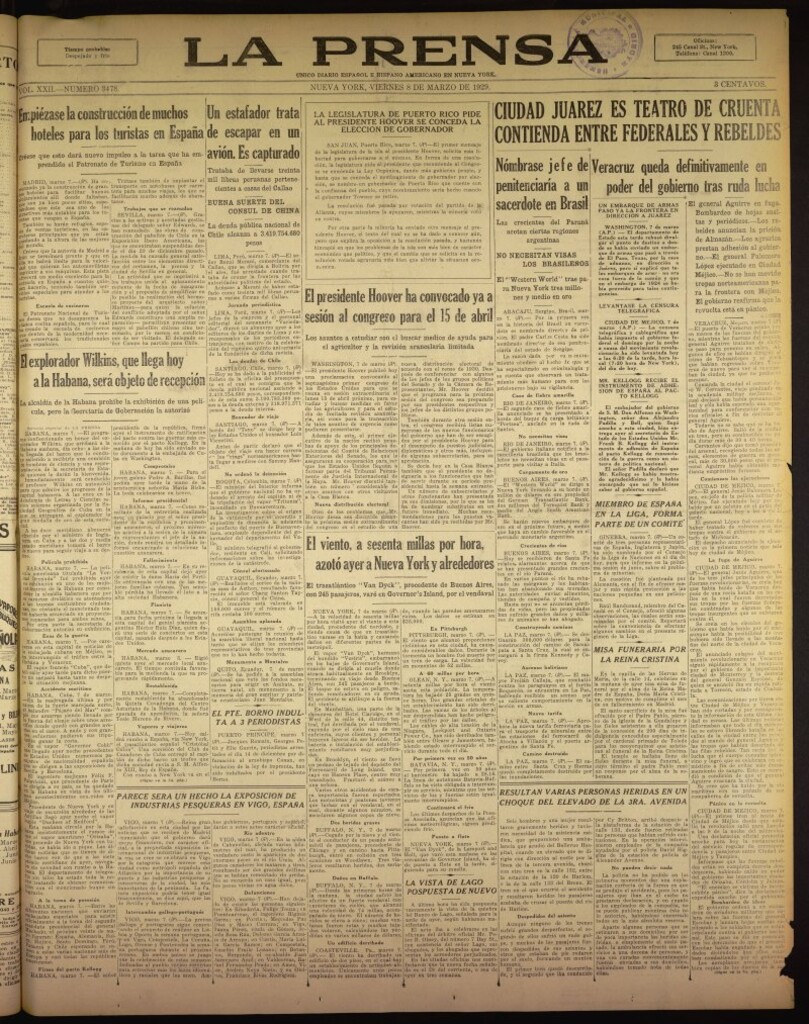 Miniatura de La Prensa: único diario español e hispano americano en Nueva York del 8 de marzo de 1929, nº 3478
