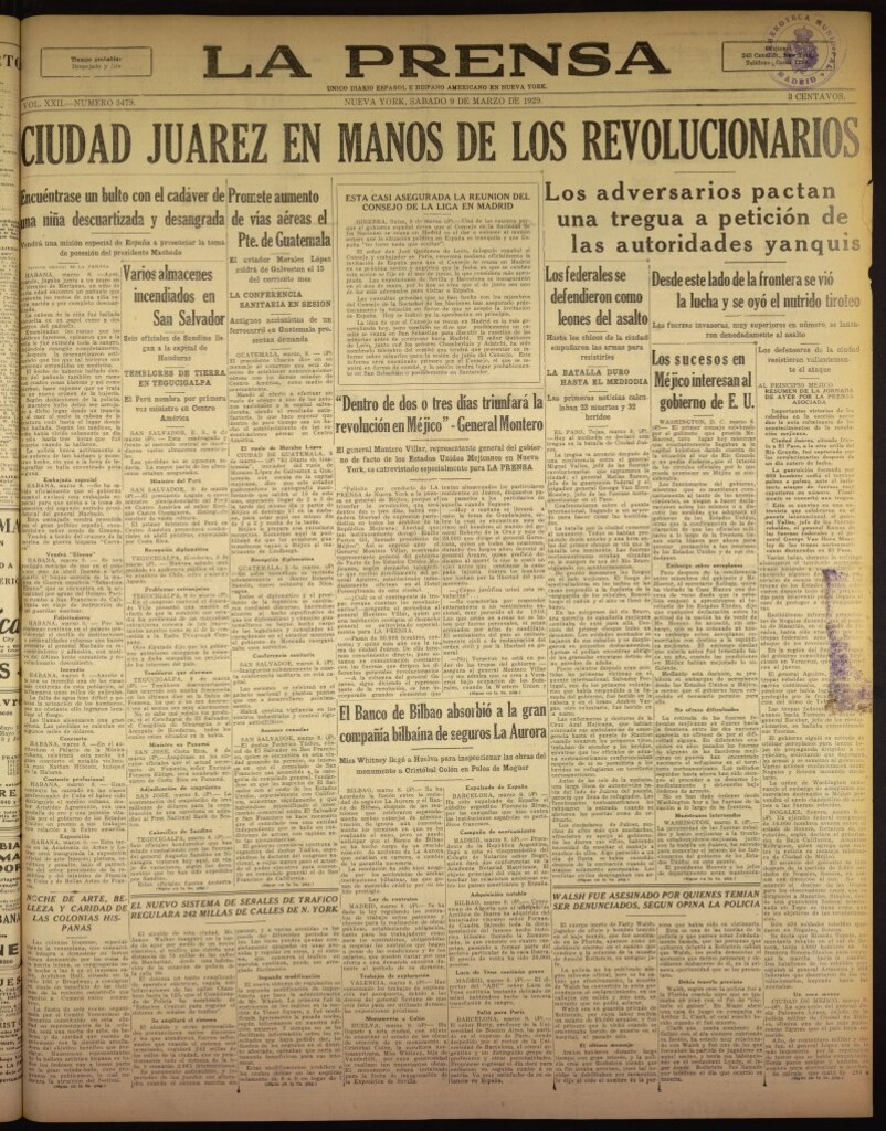Miniatura de La Prensa: único diario español e hispano americano en Nueva York del 9 de marzo de 1929, nº 3479