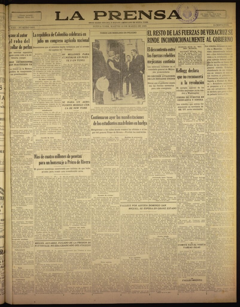 Miniatura de La Prensa: único diario español e hispano americano en Nueva York del 12 de marzo de 1929, nº 3481