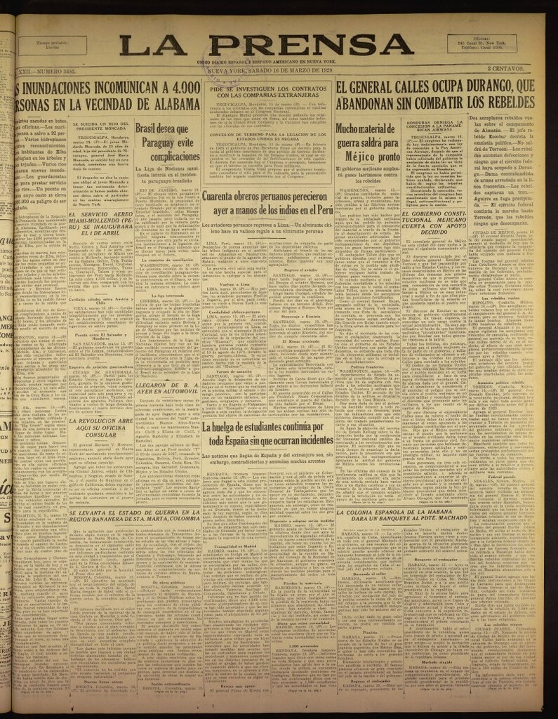 Miniatura de La Prensa: único diario español e hispano americano en Nueva York del 16 de marzo de 1929, nº 3485