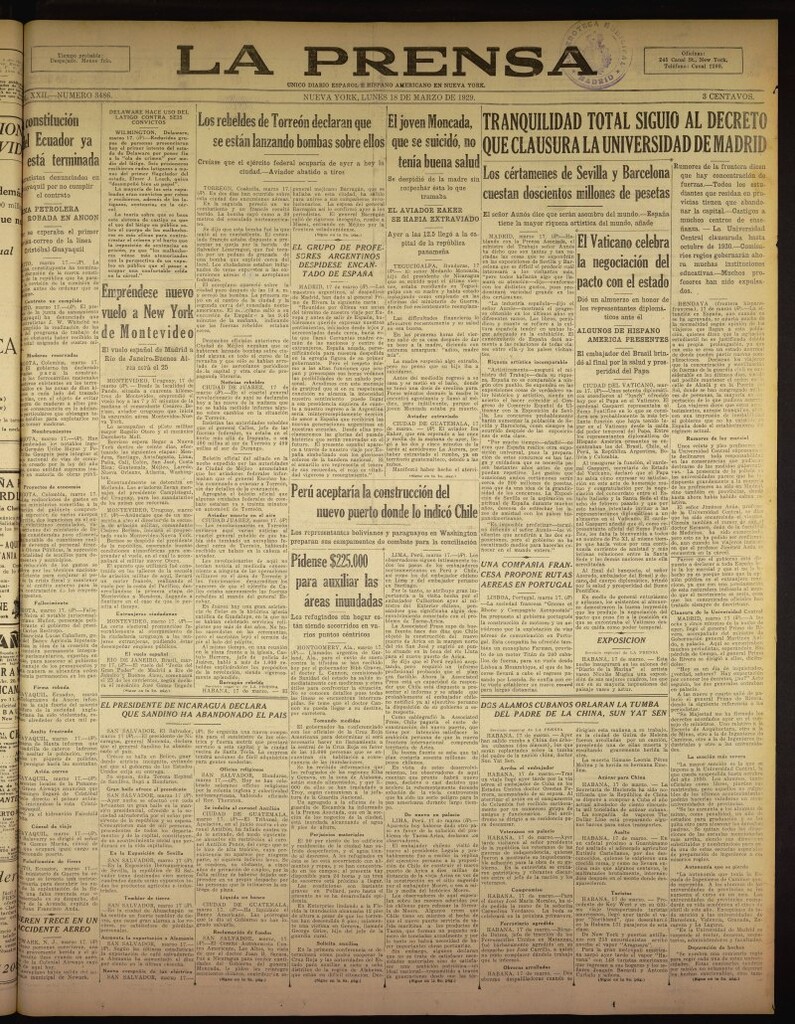 Miniatura de La Prensa: único diario español e hispano americano en Nueva York del 18 de marzo de 1929, nº 3486