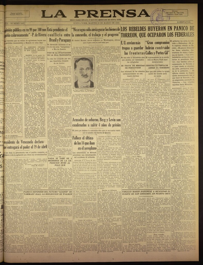 Miniatura de La Prensa: único diario español e hispano americano en Nueva York del 19 de marzo de 1929, nº 3487
