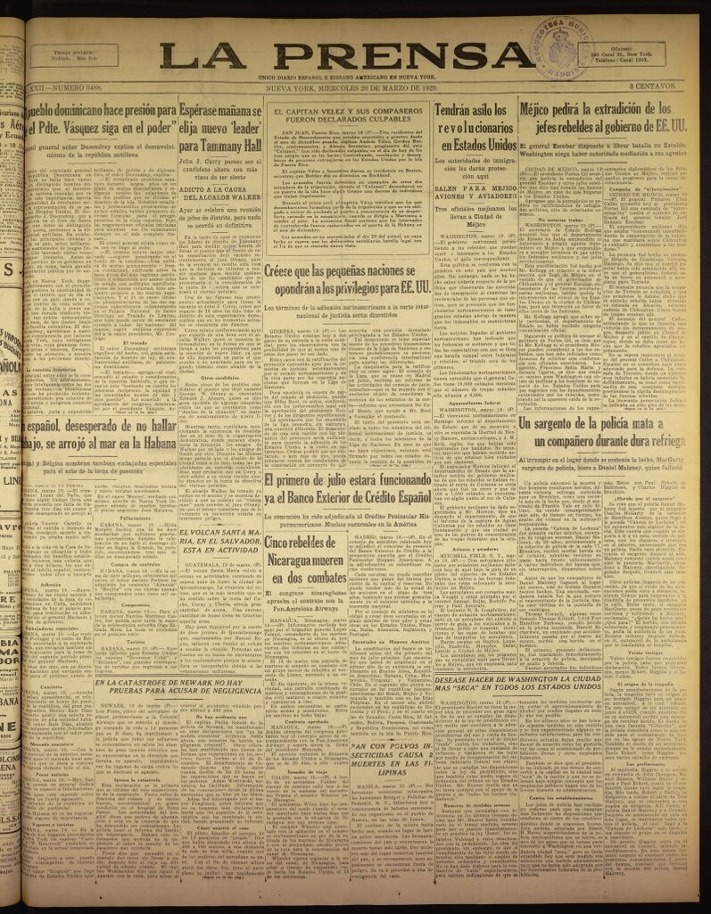 Miniatura de La Prensa: único diario español e hispano americano en Nueva York del 20 de marzo de 1929, nº 3488