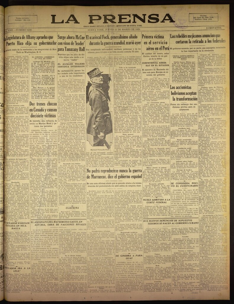 Miniatura de La Prensa: único diario español e hispano americano en Nueva York., de 21 de marzo de 1929, nº 3489