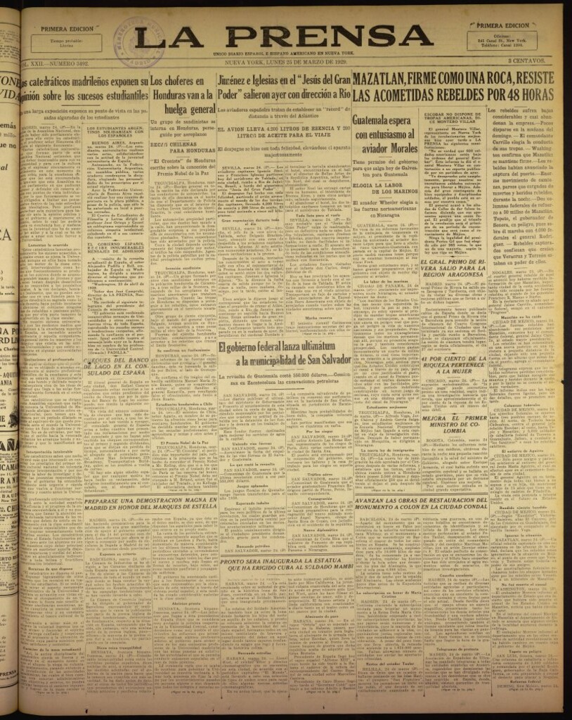Miniatura de La Prensa: único diario español e hispano americano en Nueva York del 25 de marzo de 1929, nº 3492
