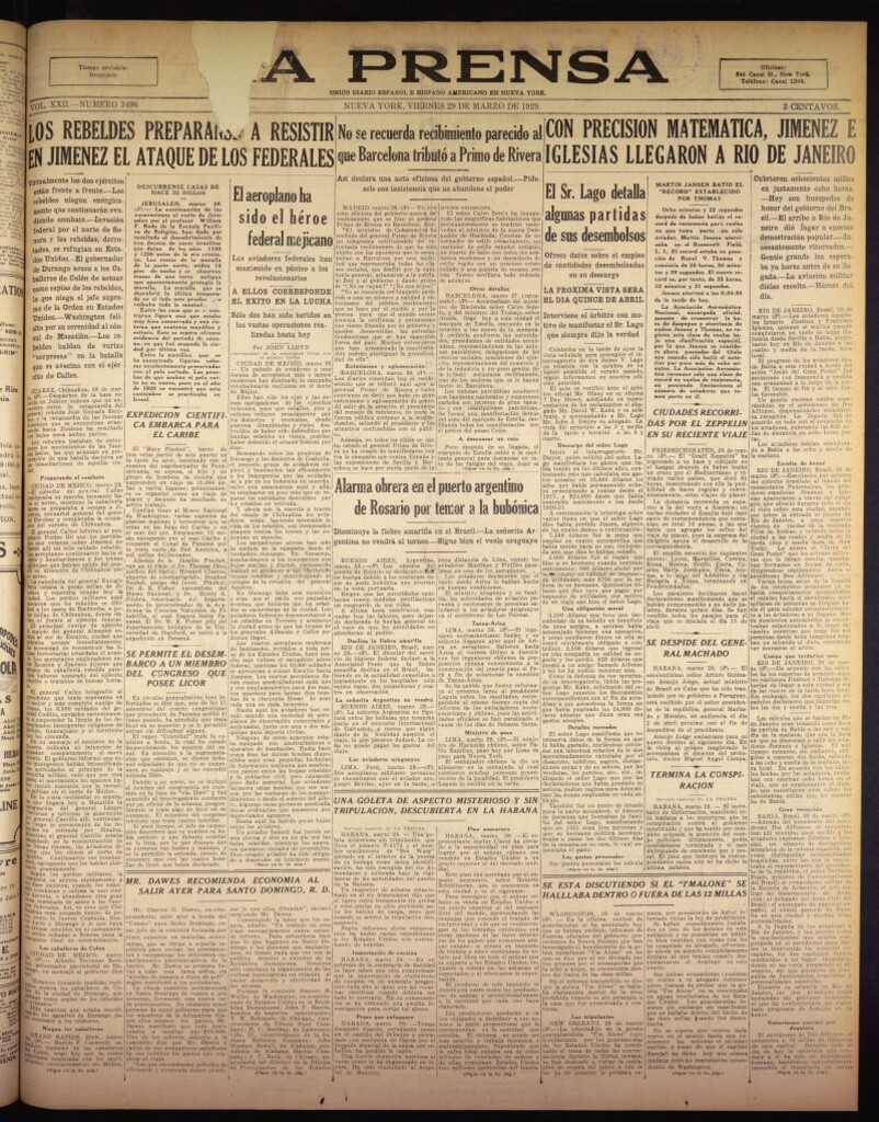 Miniatura de La Prensa: único diario español e hispano americano en Nueva York del 29 de marzo de 1929, nº 3496