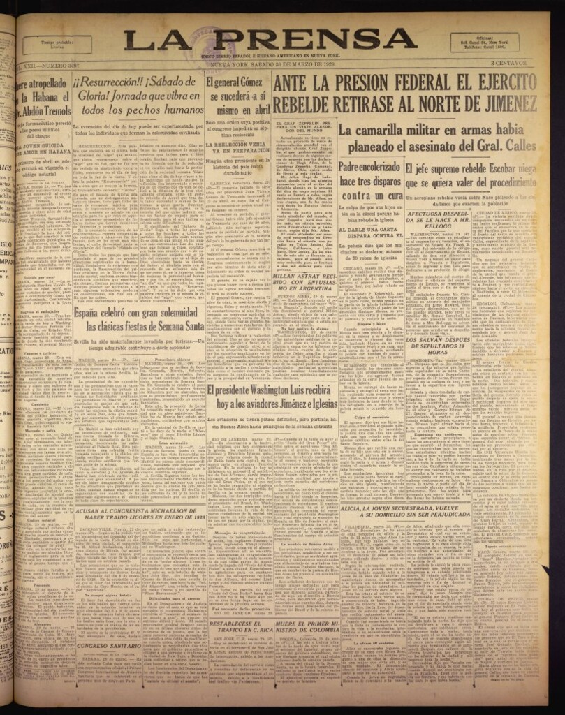 Miniatura de La Prensa: único diario español e hispano americano en Nueva York del 30 de marzo de 1929, nº 3497