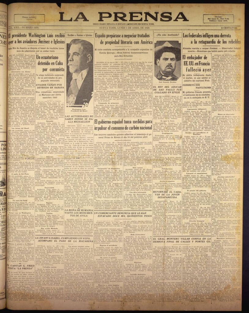 Miniatura de La Prensa: único diario español e hispano americano en Nueva York del 1 de abril de 1929, nº 3498