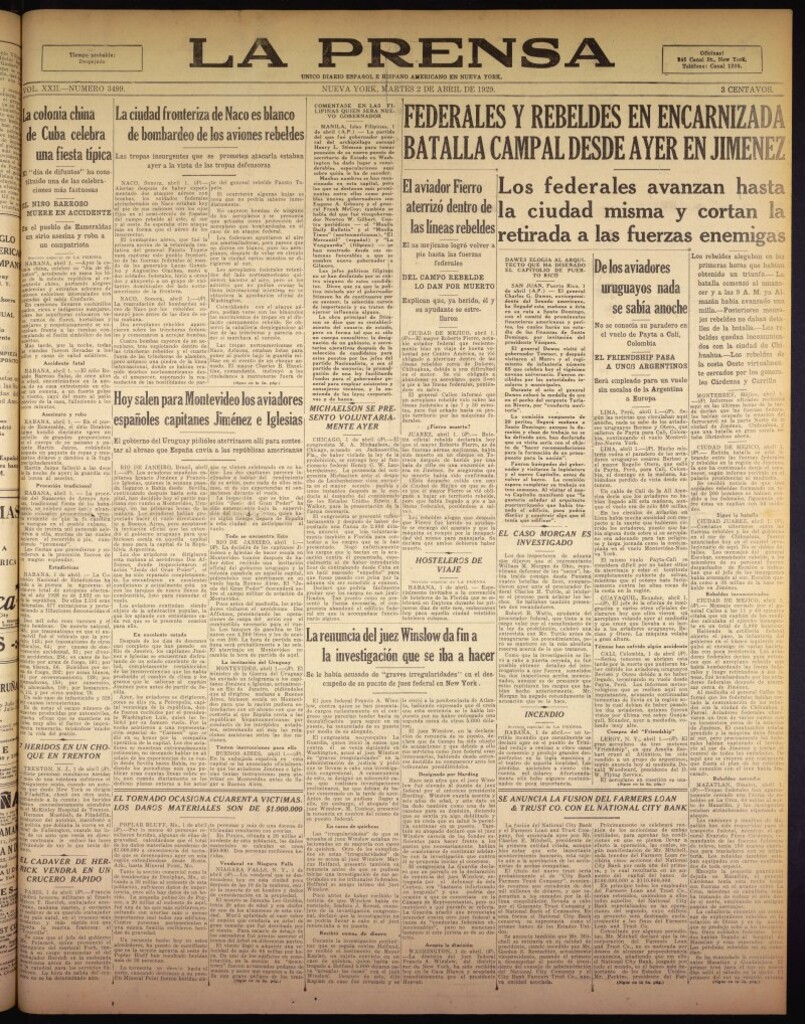 Miniatura de La Prensa: único diario español e hispano americano en Nueva York del 2 de abril de 1929, nº 3499