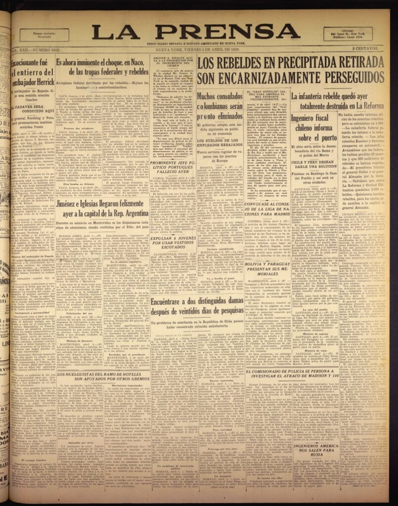 Miniatura de La Prensa: único diario español e hispano americano en Nueva York del 5 de abril de 1929, nº 3502