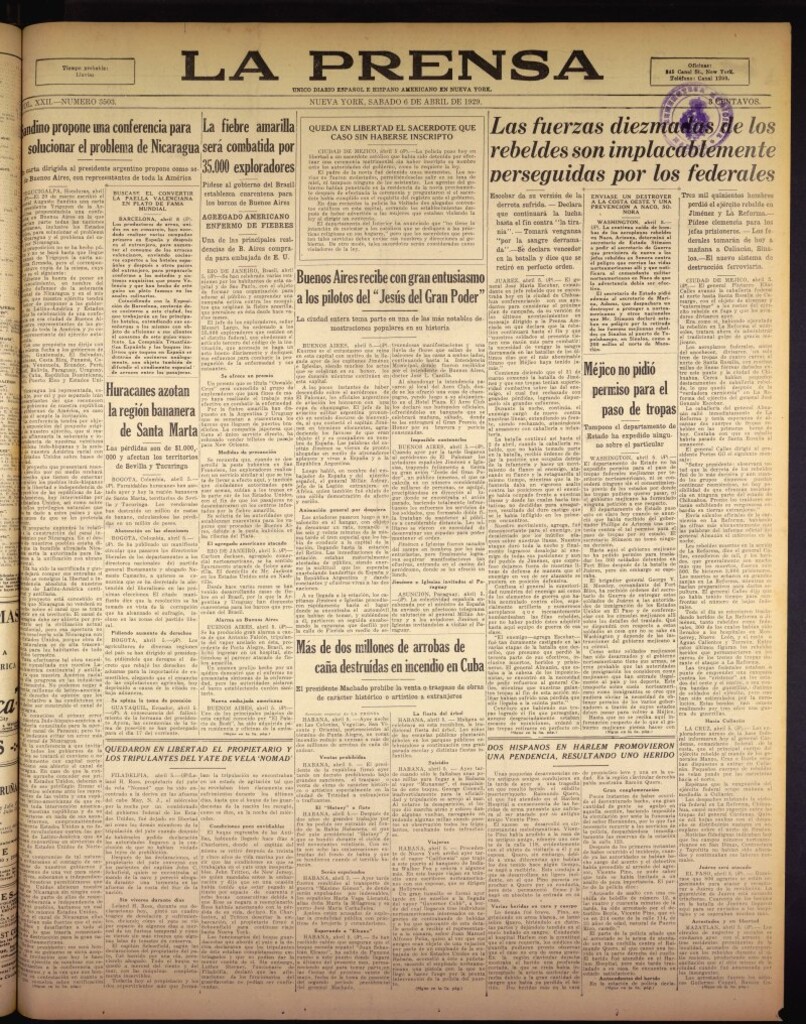 Miniatura de La Prensa: único diario español e hispano americano en Nueva York del 6 de abril de 1929, nº 3503