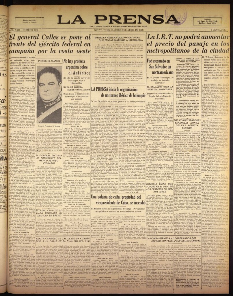 Miniatura de La Prensa: único diario español e hispano americano en Nueva York del 9 de abril de 1929, nº 3505