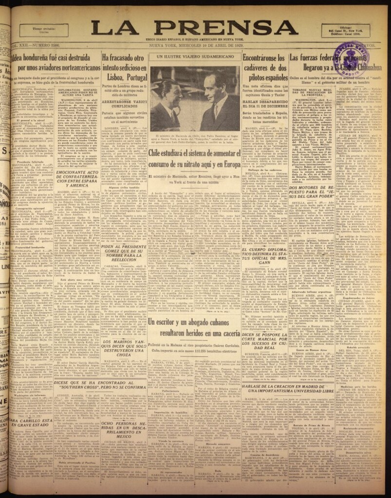 Miniatura de La Prensa: único diario español e hispano americano en Nueva York del 10 de abril de 1929, nº 3506