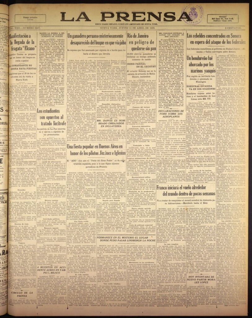 Miniatura de La Prensa: único diario español e hispano americano en Nueva York del 11 de abril de 1929, nº 3507
